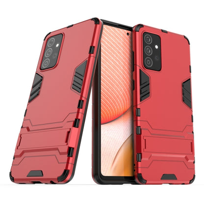 Red shockproof PC+TPU phone case with built-in holder, rugged armor, raised edges