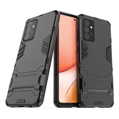 Black shockproof PC+TPU phone case with built-in holder, rugged armor, raised edges