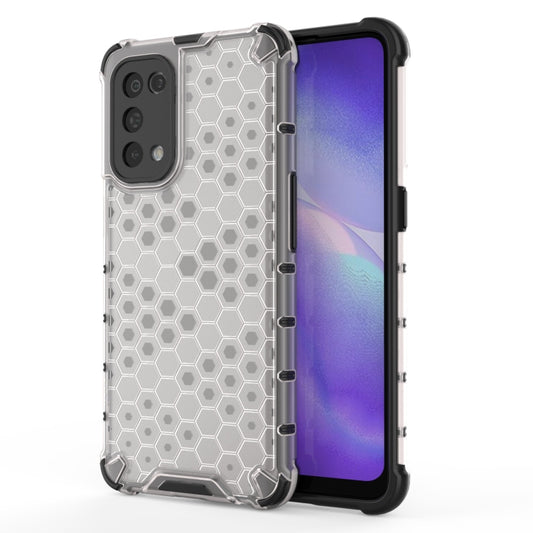 Shockproof honeycomb phone case with TPU bumper, white and gray hex pattern, cutout for cameras