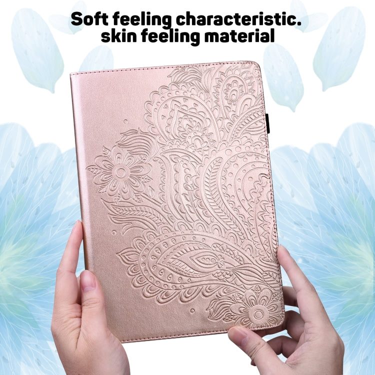 Rose gold embossed flip case with floral and feather pattern, front view in hands
