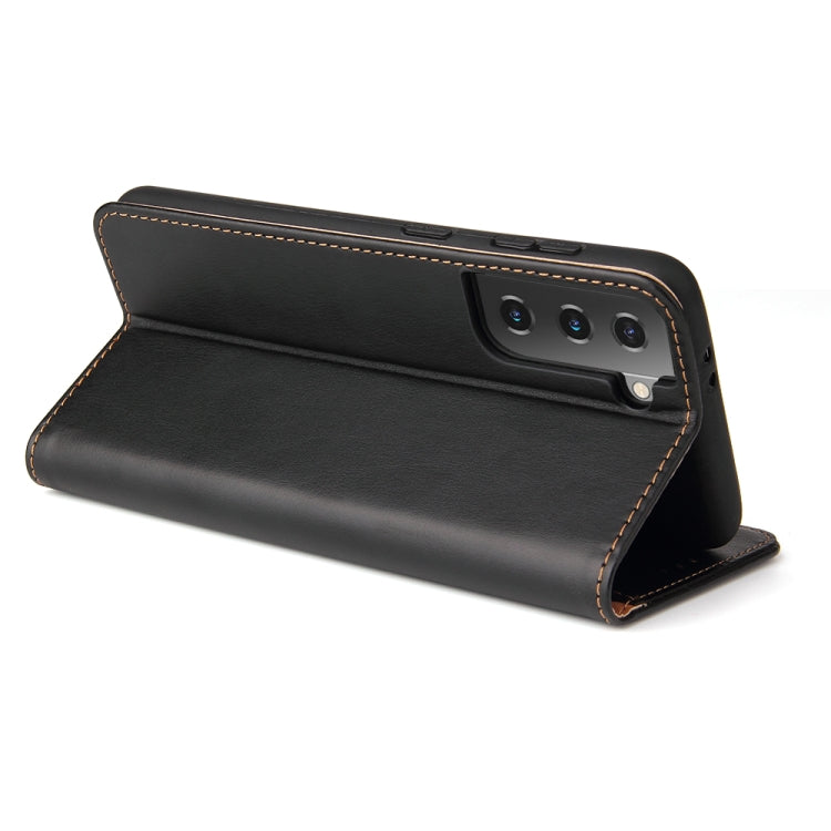 Black flip PU leather phone wallet case with horizontal stand and stitched trim