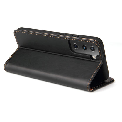 Black flip PU leather phone wallet case with horizontal stand and stitched trim
