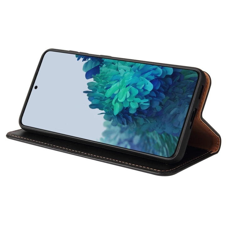 Black flip PU leather phone wallet case holding a phone in landscape mode