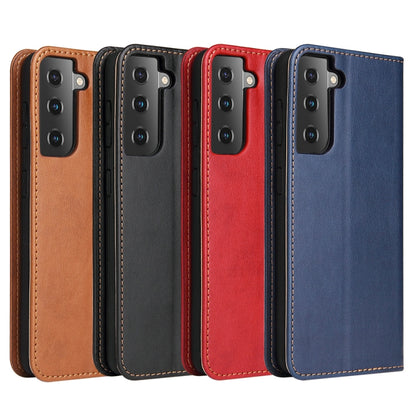 Set of flip PU leather phone wallet cases in brown, black, red, and blue