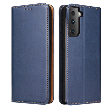 Blue PU leather flip phone case with speaker cutouts and rear camera port, stitched border