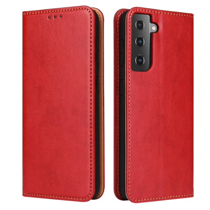 Red PU leather flip phone case with speaker cutouts and camera port, stitched edges