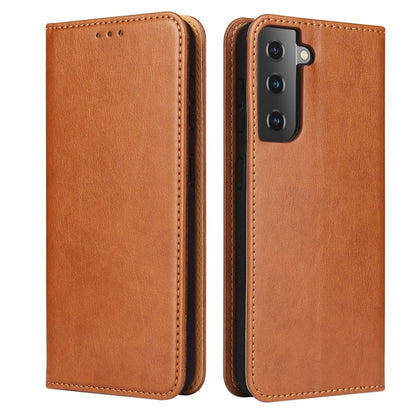 Tan PU leather flip phone case with speaker holes and side cutouts, stitched border