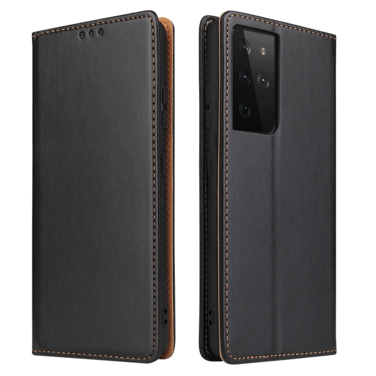 Black flip PU leather phone wallet case with orange stitching, front and back views