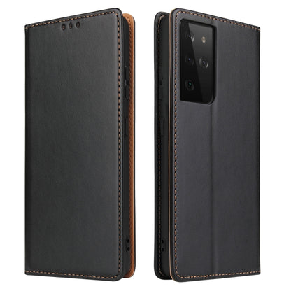 Black flip PU leather phone wallet case with orange stitching, front and back views