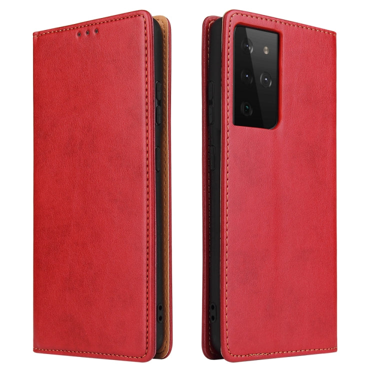 Red PU leather flip wallet case with camera opening and side button cutouts, stitched trim