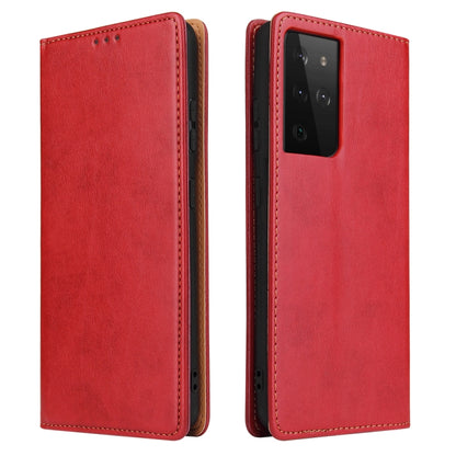 Red PU leather flip wallet case with camera opening and side button cutouts, stitched trim