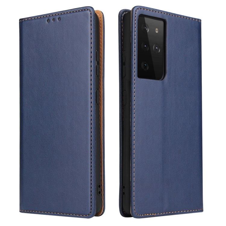 Dark blue PU leather flip phone case with speaker holes and rear camera opening, stitched edges