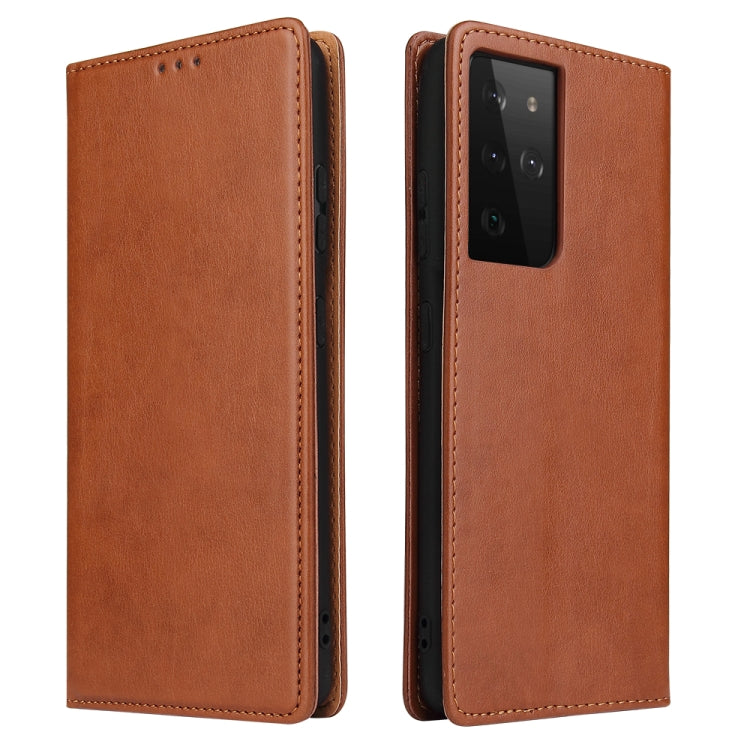 Brown PU leather flip phone case with speaker cutouts and rear camera opening, stitched edges