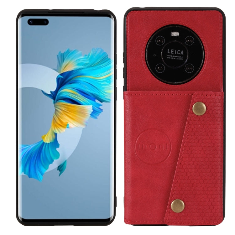 Red protective phone case with magnetic closure and card slot, front and back views