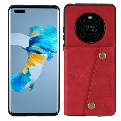 Red protective phone case with magnetic closure and card slot, front and back views