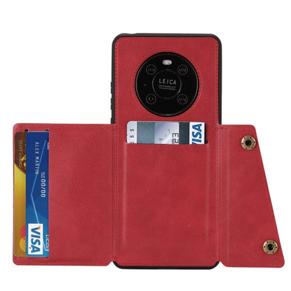 Red magnetic phone case with card slot showing cards and hinged foldover cover