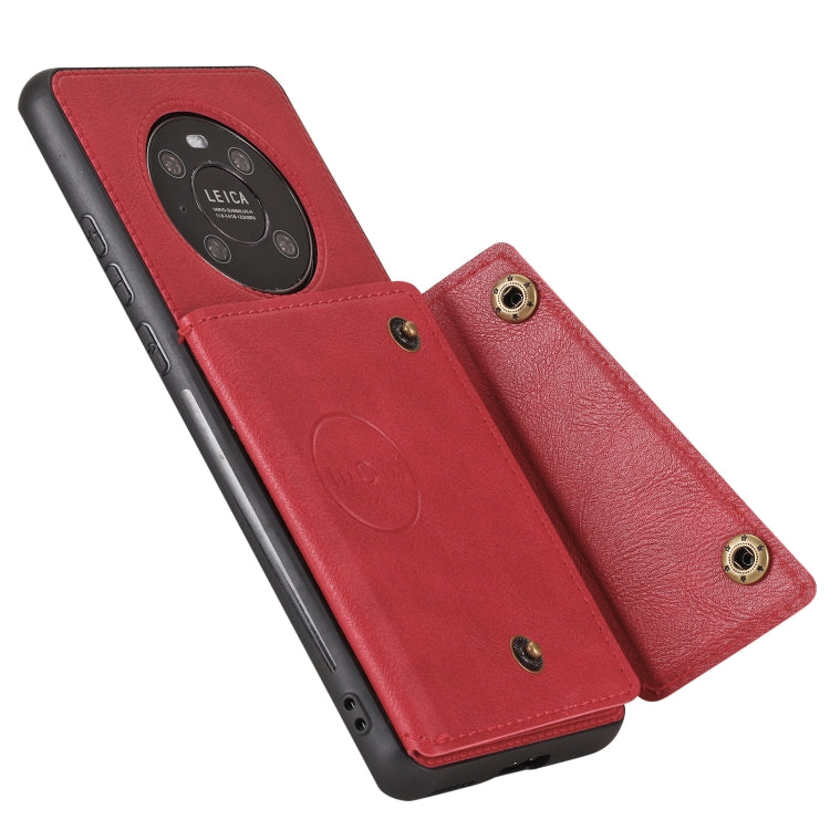 Red leather-texture phone case with magnetic flap and visible camera cutout