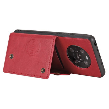 Red protective phone case with foldover card holder and exposed camera opening