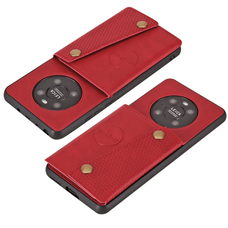 Red magnetic phone case with snap buckle and textured cover, two angles