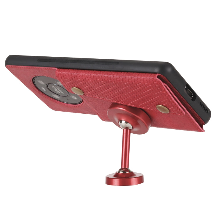 Red phone case with card holder flap and ring stand attachment detail