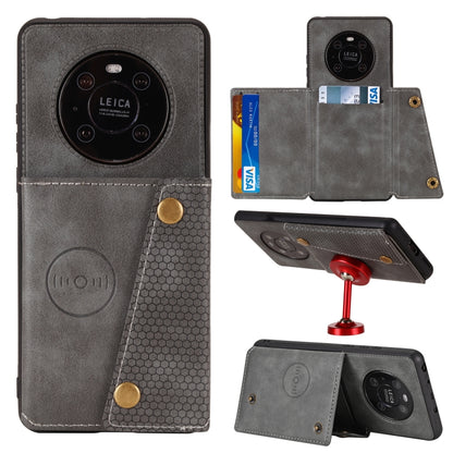 Grey magnetic phone case with card slot and foldover cover, front and back views