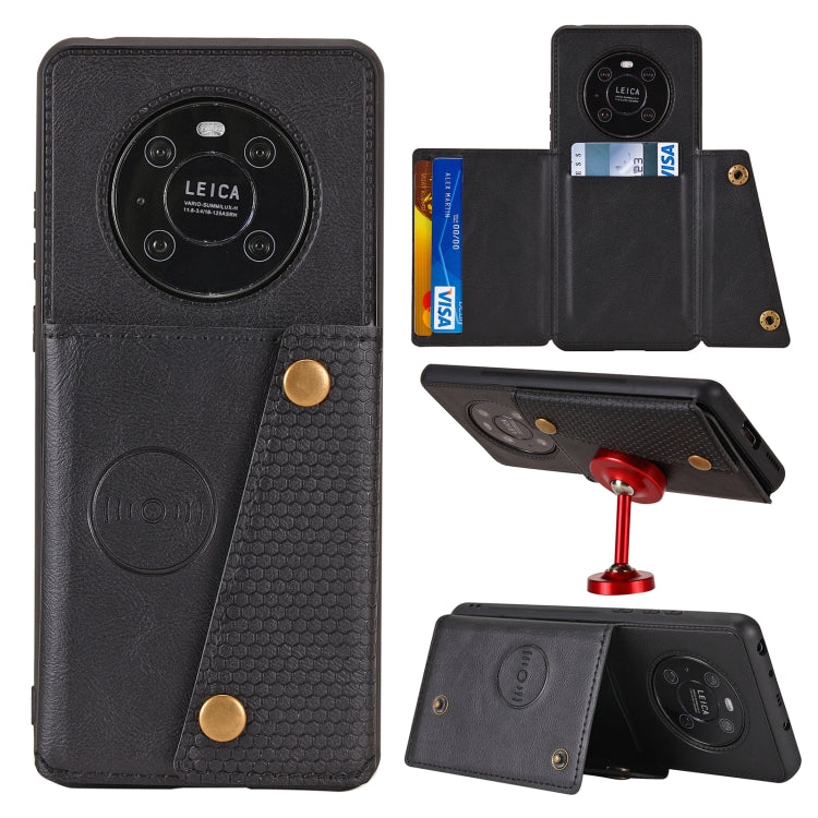 Dark PU leather-look magnetic flip phone case with card slot and double buckle