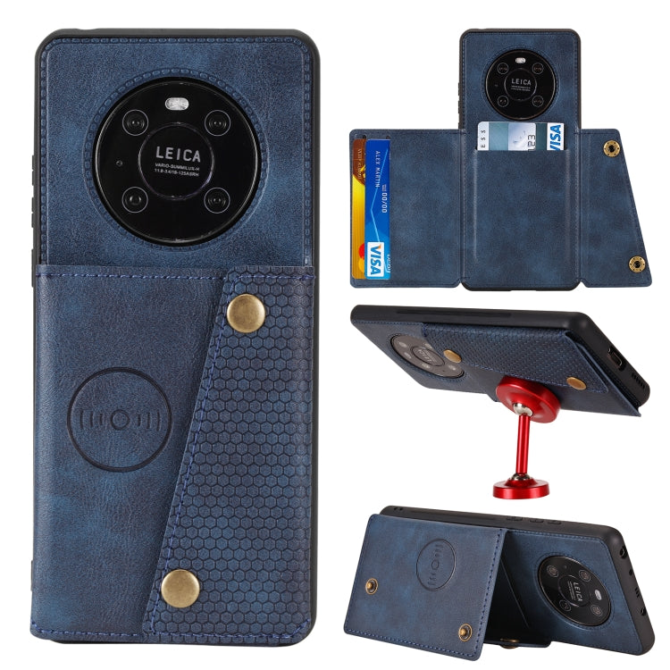Blue PU leather-look magnetic flip phone case with card slot and double buckle