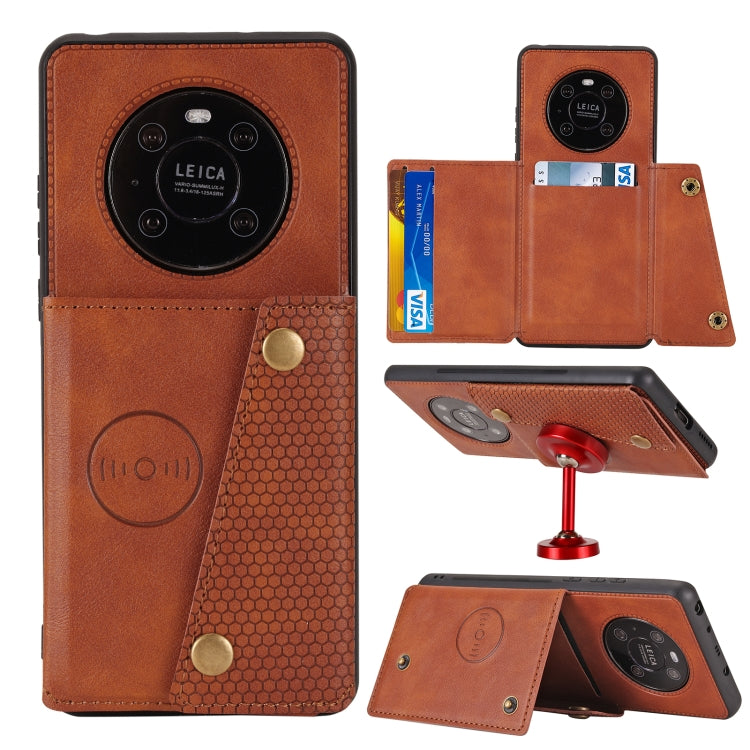 Light brown PU leather-look magnetic flip phone case with card slot and double buckle