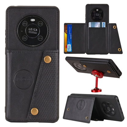Black PU leather-look magnetic flip phone case with card slot and double buckle
