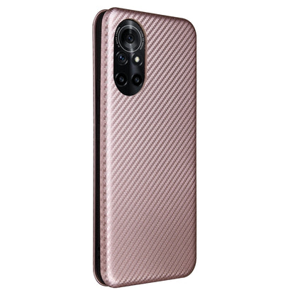 Pink carbon fiber texture magnetic flip phone case with camera cutout