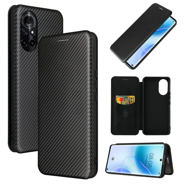 Black carbon fiber magnetic flip case with card slot; cover open and kickstand angle