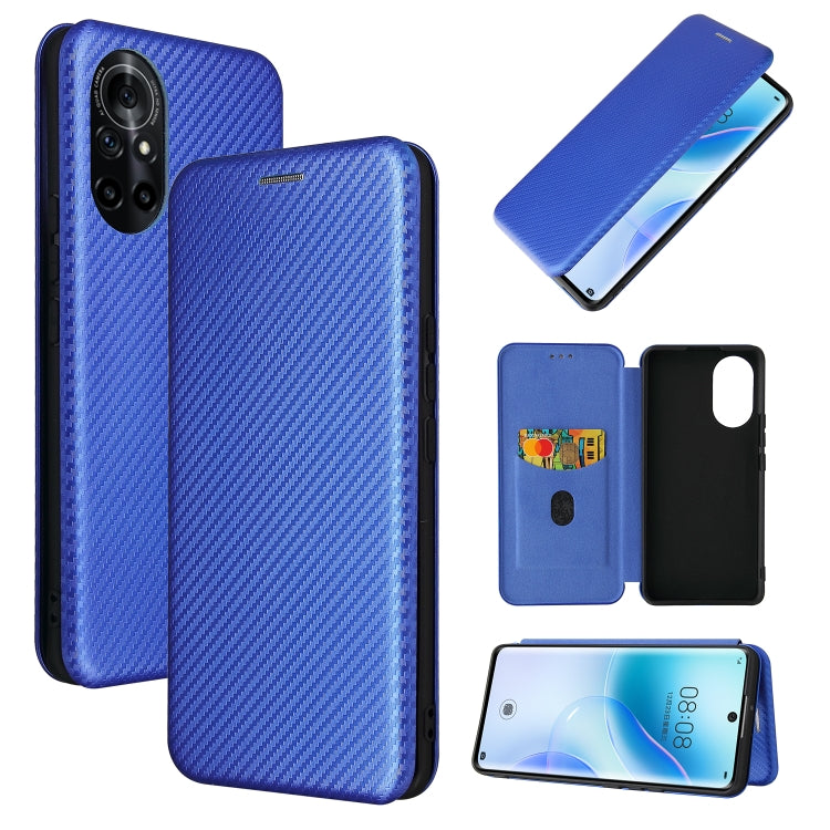 Blue carbon fiber magnetic flip case with card slot; side kickstand view
