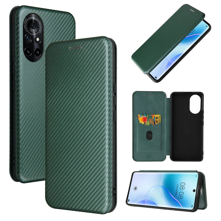 Dark green carbon fiber magnetic flip case with card slot; open front and screen cutout
