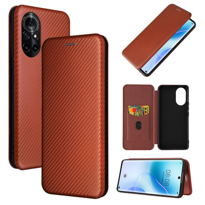 Brown carbon fiber texture magnetic flip phone case with card slot and cutouts