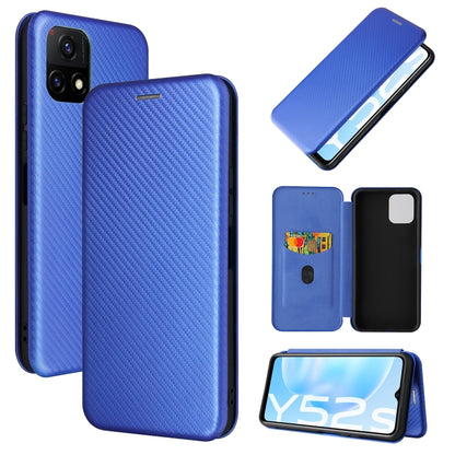 Blue carbon fiber texture magnetic flip phone case with card slot, front cover folded