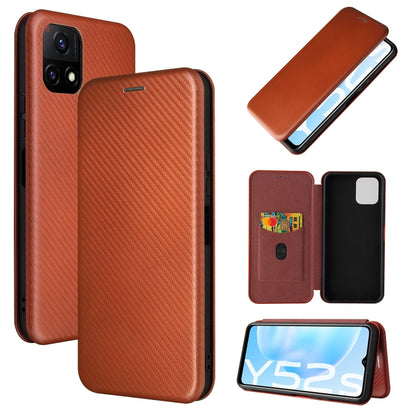 Orange carbon fiber magnetic flip phone case with card slot; cover open and side view