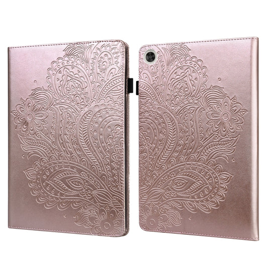 Rose gold embossed peacock-pattern tablet flip case with magnetic clasp and camera cutout