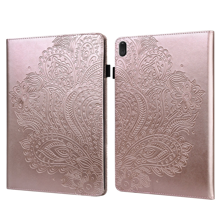 Rose gold peacock-embossed tablet flip case with black side magnetic closure
