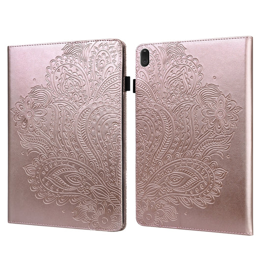 Rose gold peacock-embossed tablet flip case with black side magnetic closure