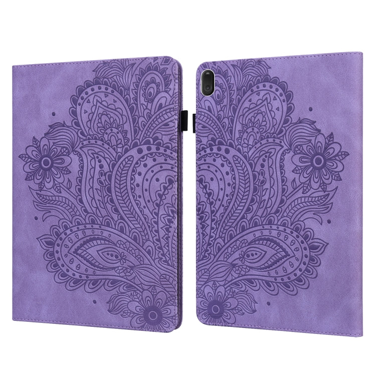 Purple peacock-embossed folio case with flip cover and rear camera cutout