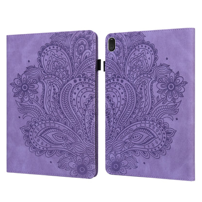 Purple peacock-embossed folio case with flip cover and rear camera cutout