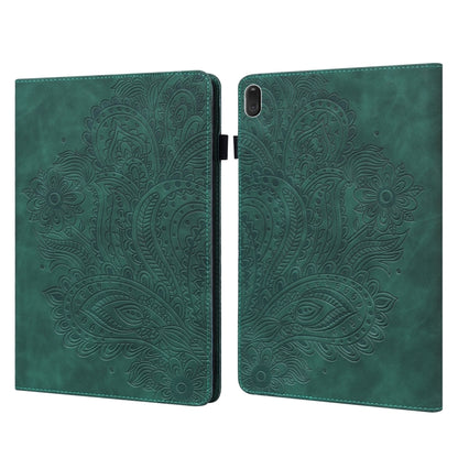 Tablet flip folio case with peacock embossed pattern, open, green with side hinge