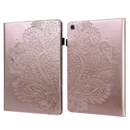 Rose gold peacock-embossed tablet flip case with camera cutout and black closure tab