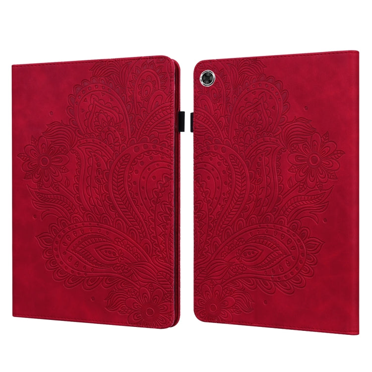 Red peacock-embossed flip folio case with camera opening and clasp