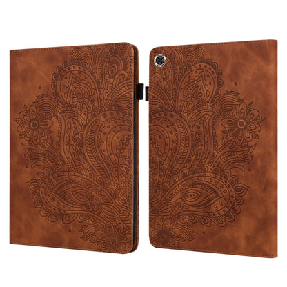 Tablet flip folio case with peacock embossed pattern, open, brown and camera cutout