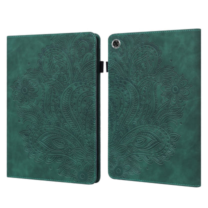 Tablet flip folio case with peacock embossed pattern, open, green and camera cutout