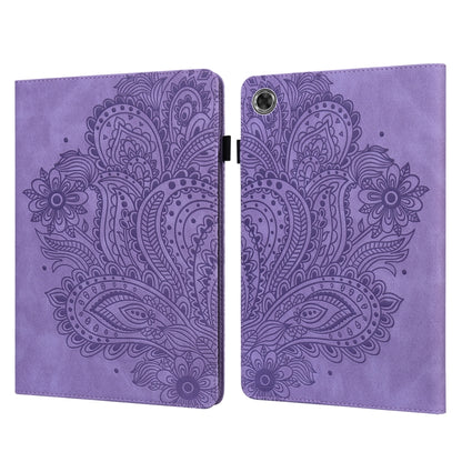 Purple peacock embossed folio case, open flip cover with camera cutout