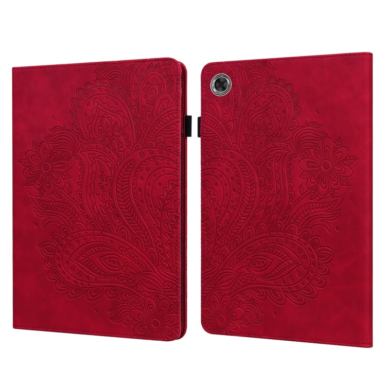 Tablet flip folio case with peacock embossed pattern, open, dark red with side hinge