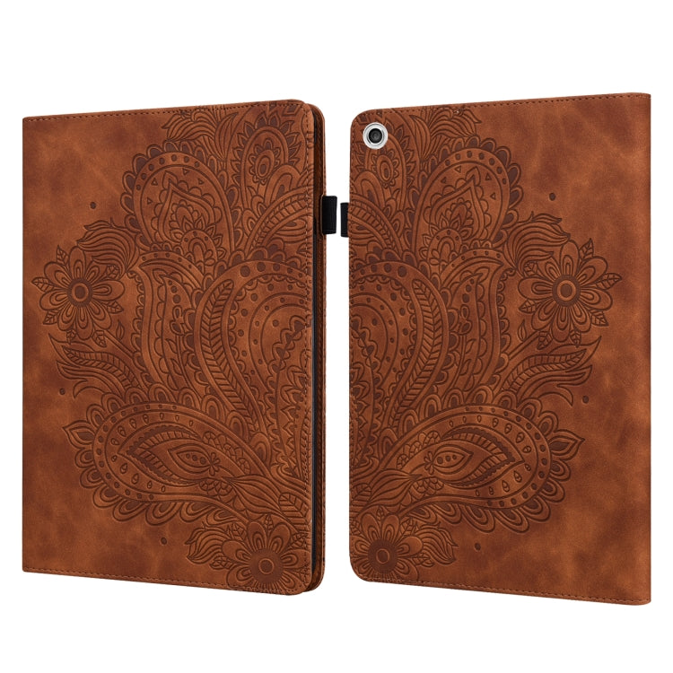 Tablet flip folio case with peacock embossed pattern, open, brown with hinge and button