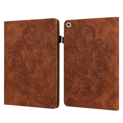 Tablet flip folio case with peacock embossed pattern, open, brown with hinge and button